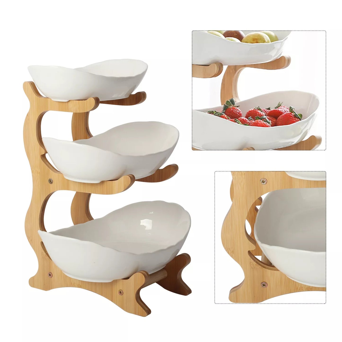 Multifunction 3-Tier Fruit Basket | Ceramic Bowl & Bamboo Stand Elegant Countertop Storage DailyCartz