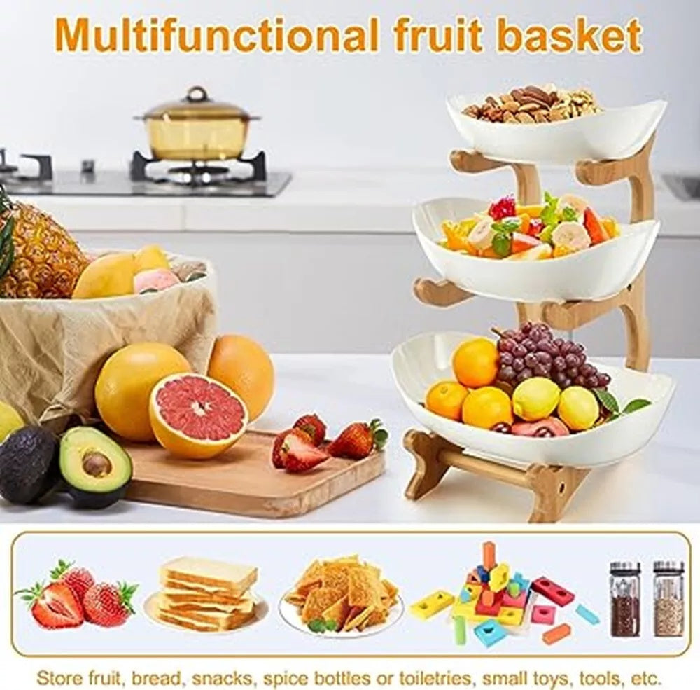 Multifunction 3-Tier Fruit Basket | Ceramic Bowl & Bamboo Stand Elegant Countertop Storage DailyCartz