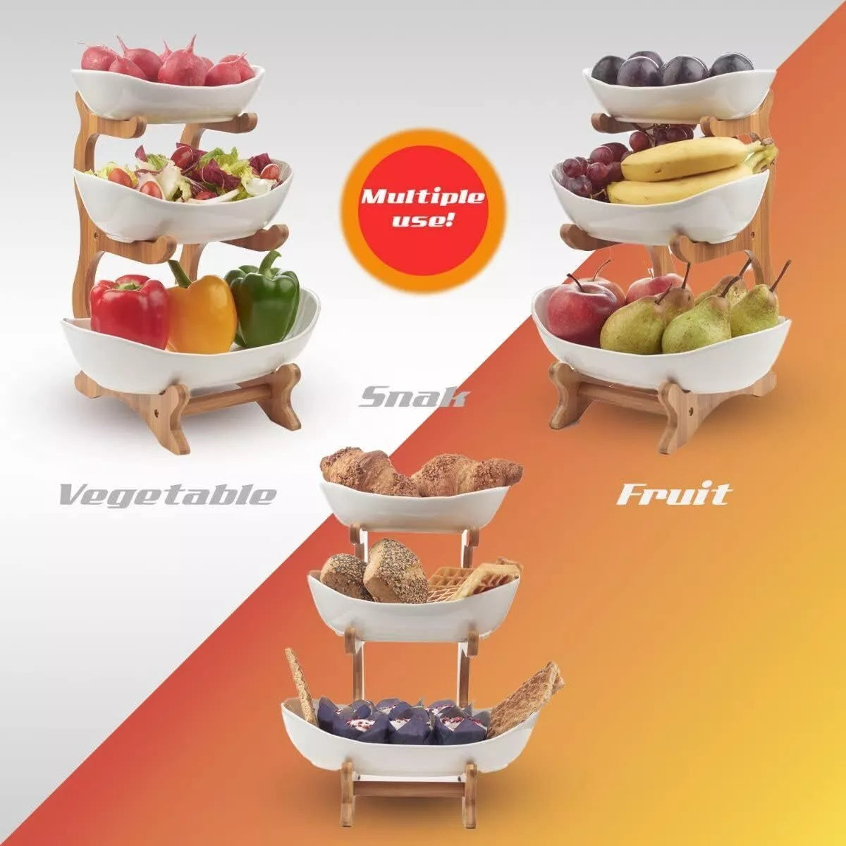 Multifunction 3-Tier Fruit Basket | Ceramic Bowl & Bamboo Stand Elegant Countertop Storage DailyCartz