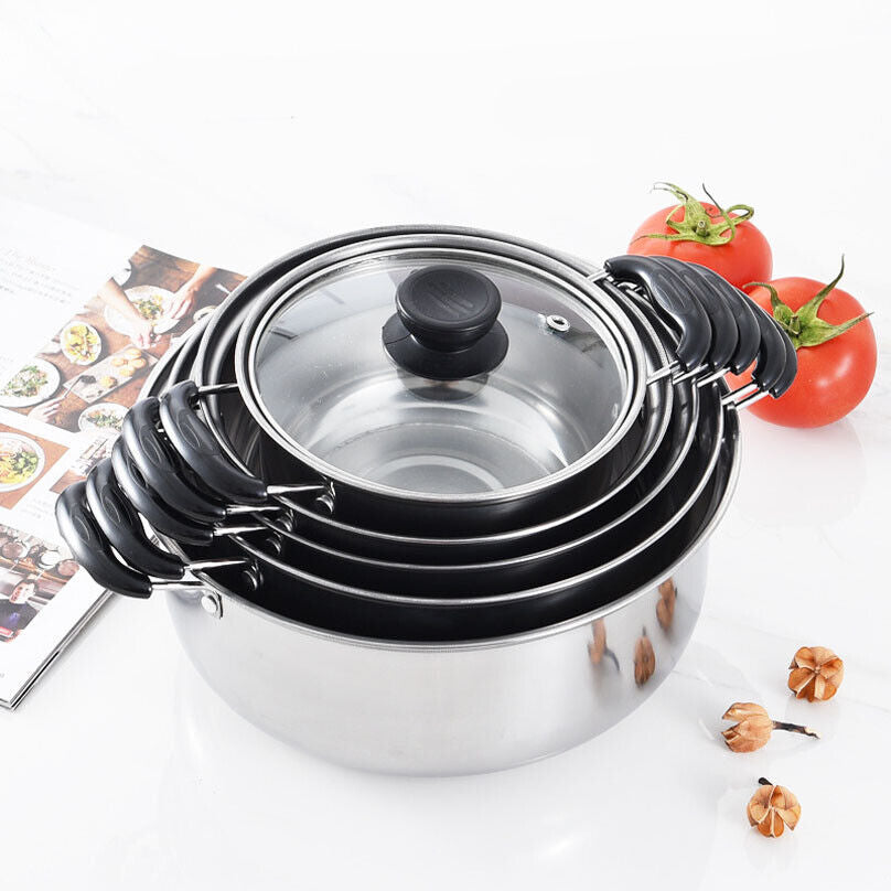 5-Piece Stainless Steel Saucepan & Pot Set – Induction Ready, Durable Cookware with Glass Lids