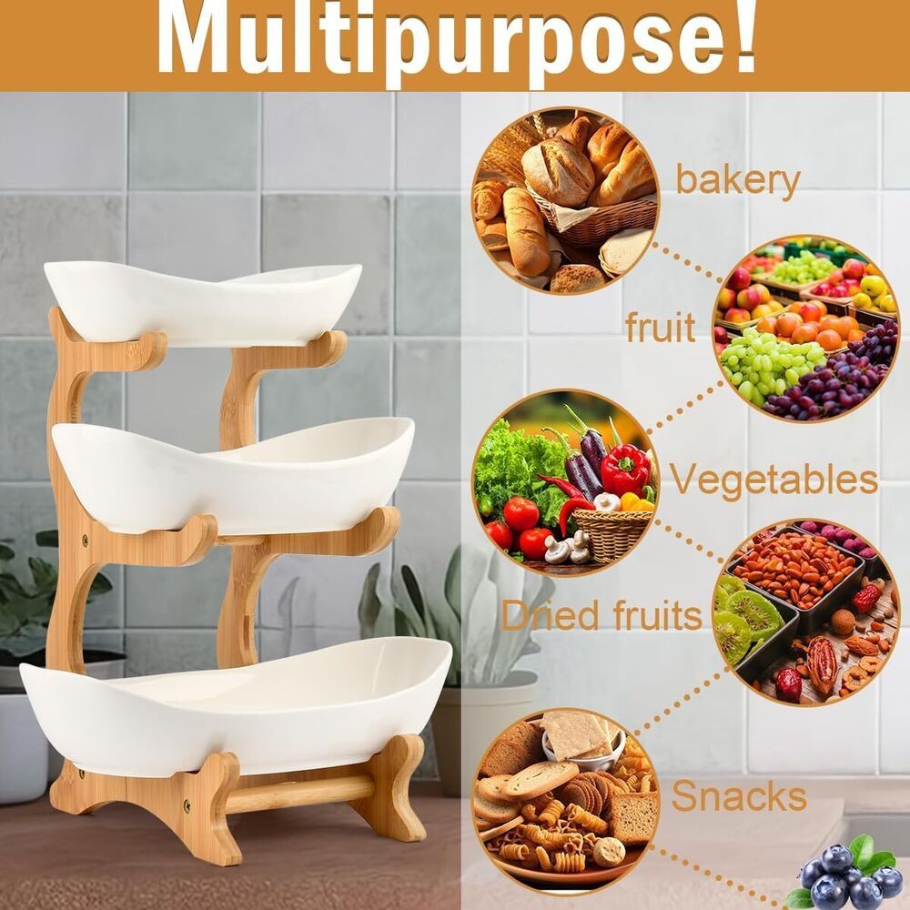 Multifunction 3-Tier Fruit Basket | Ceramic Bowl & Bamboo Stand Elegant Countertop Storage DailyCartz