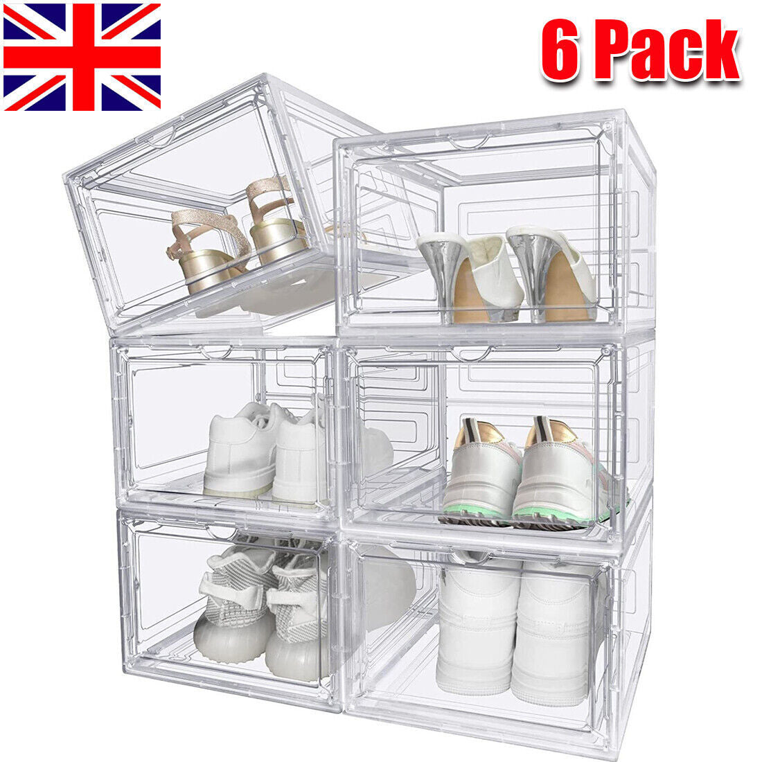 6 Pack Transparent Shoe Storage Boxes | Stackable Acrylic Organiser DailyCartz UK