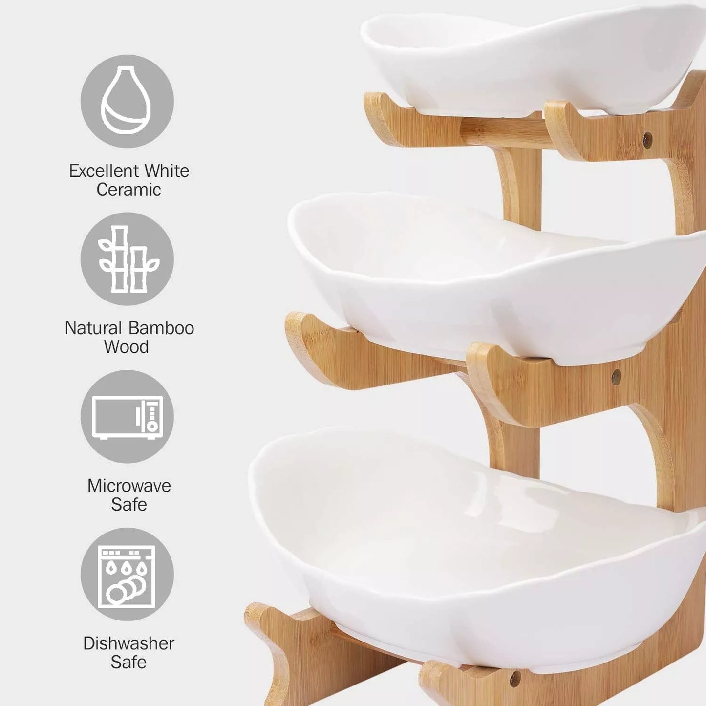 Multifunction 3-Tier Fruit Basket | Ceramic Bowl & Bamboo Stand Elegant Countertop Storage DailyCartz