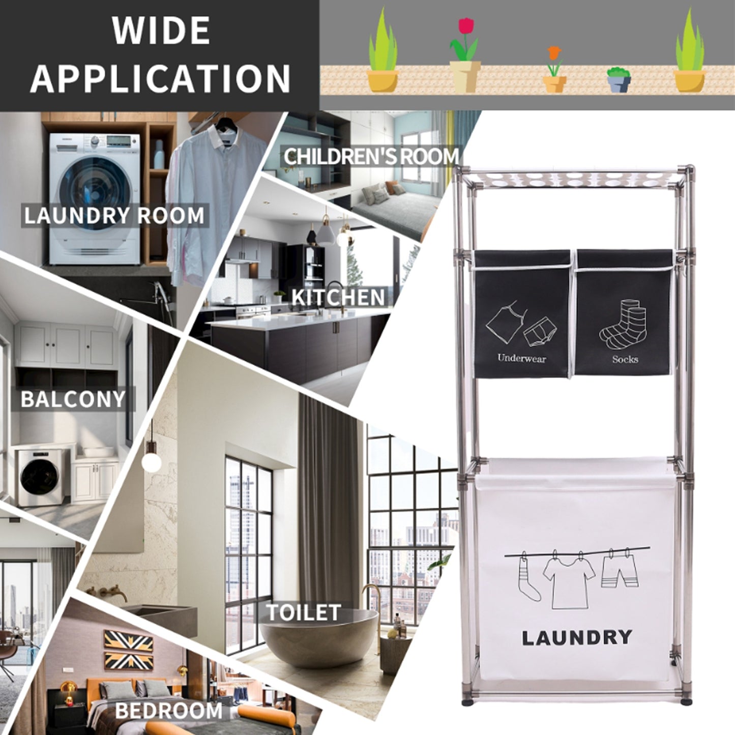 Rolling Laundry Sorter 4-Section | 2-Tier Vertical Hamper with Wheels Large Family Storage