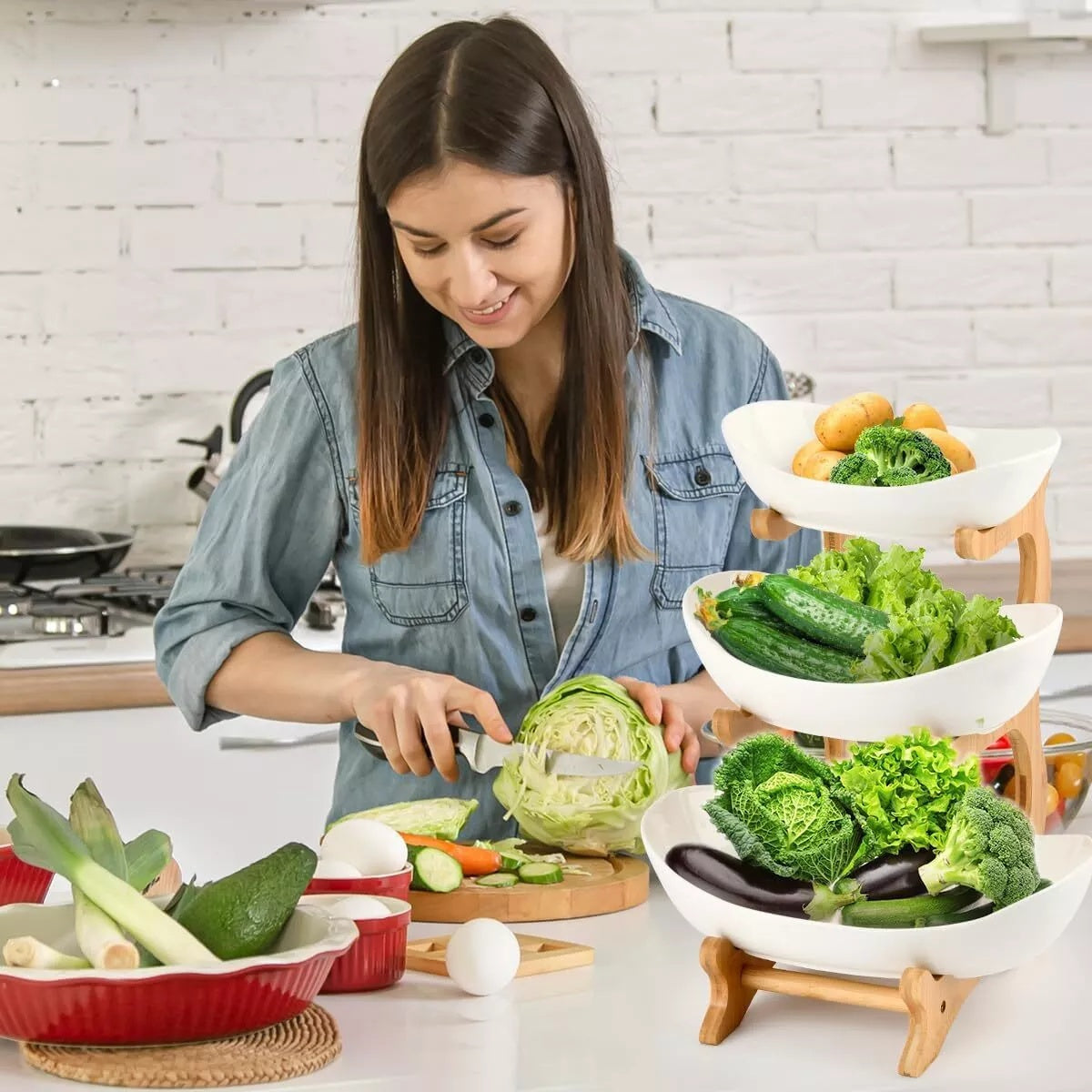 Multifunction 3-Tier Fruit Basket | Ceramic Bowl & Bamboo Stand Elegant Countertop Storage DailyCartz