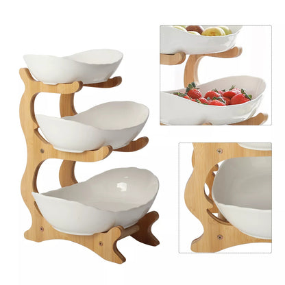 Multifunction 3-Tier Fruit Basket | Ceramic Bowl & Bamboo Stand  Elegant Countertop Storage DailyCartz